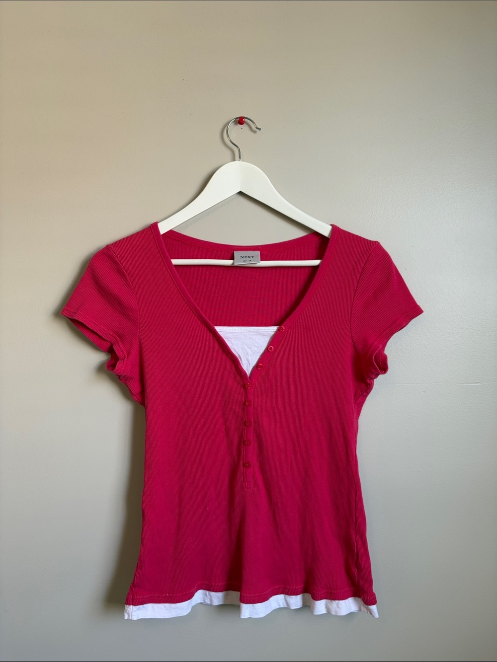 Y2K Hot Pink Short Sleeve V-Neck Layered-Look Tee